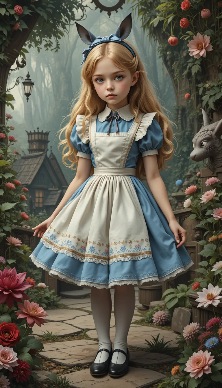 La giovane e curiosa Alice esplora un mondo di Meraviglie surreale