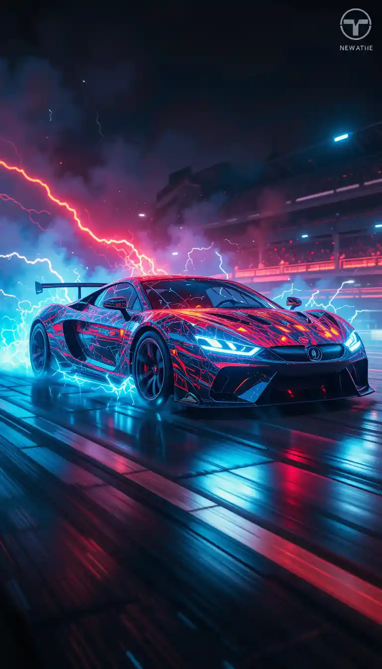 Futuristic sports car drifting on a glowing sci fi track