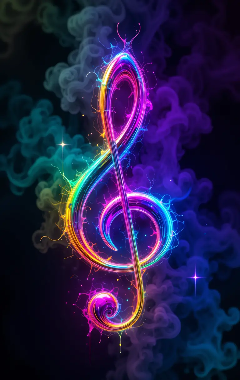 Clave de sol em neon brilhando em fundo escuro esfumaçado