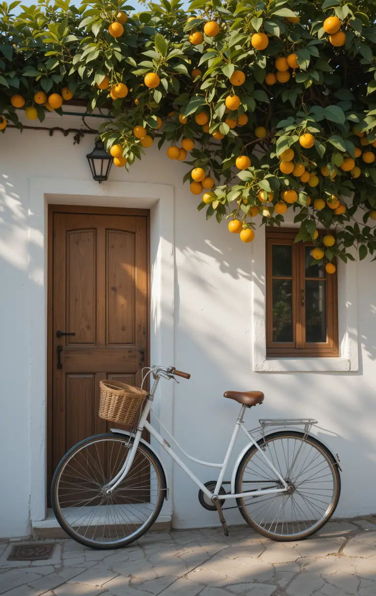 White Mediterranean House With Orange Tree And Bicycle