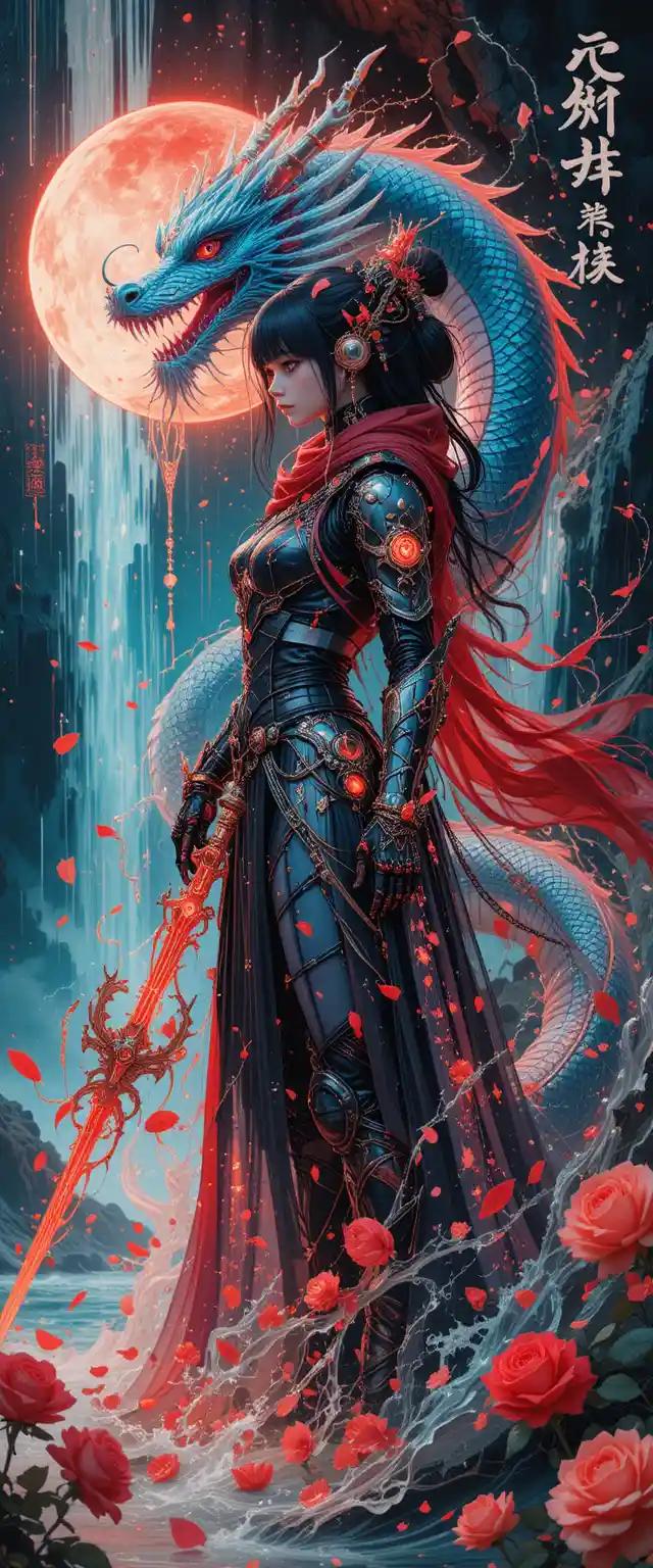 Guerriera bambola cyberpunk in stile anime su copertina manga al neon
