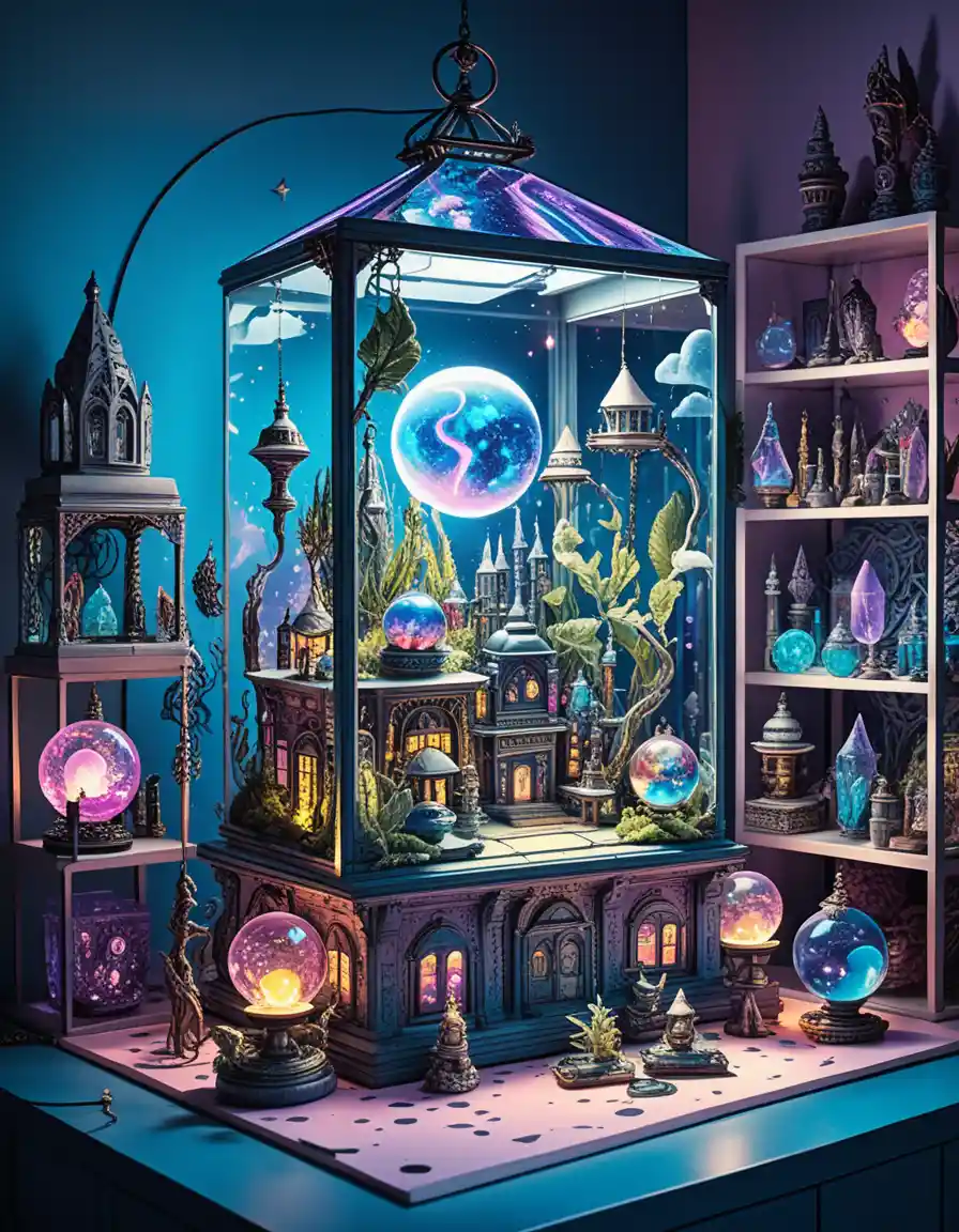 Brujas encantadas elaborando pociones en un místico emporio de neón