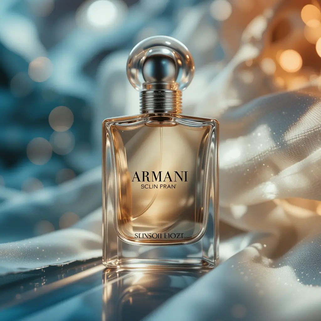 Elegante profumo Armani in primo piano sotto una soffice luce da studio