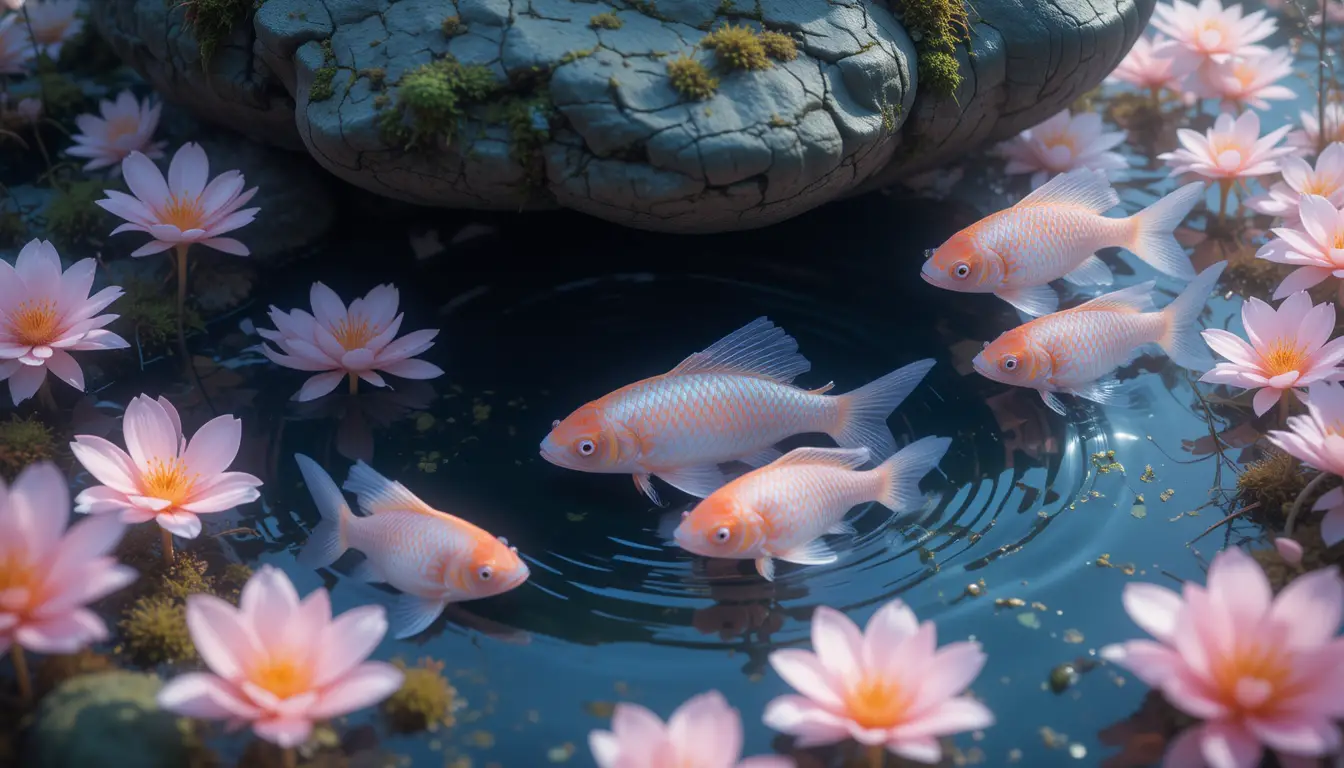 幻想魚群穿梭於盛開的水下花海