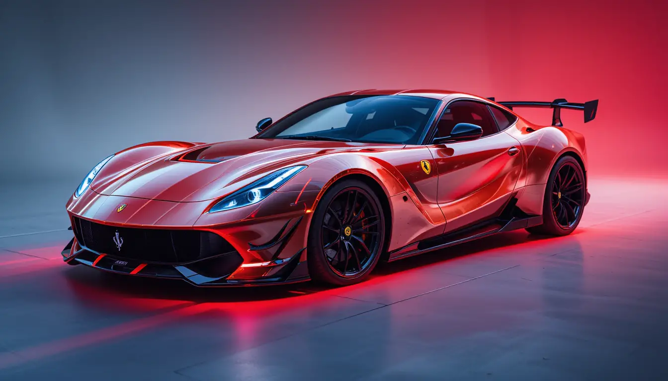 Leuchtender Gradient-Sportwagen inspiriert von Ferrari und Mercedes