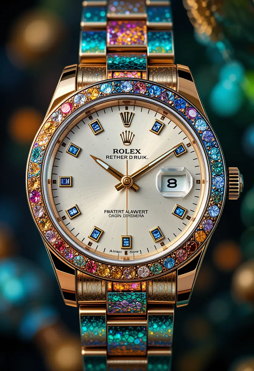 Nahaufnahme einer farbenfrohen, von einem Papagei inspirierten Rolex-Armbanduhr