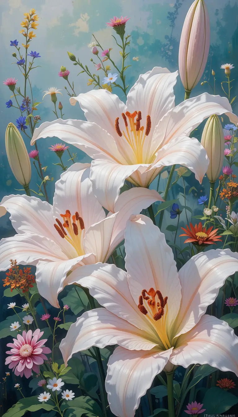 Riesige Lilien mit sanftem Licht und hellem floralen Hintergrund