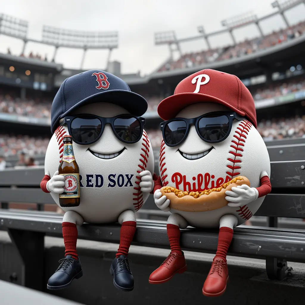 Smiling anthropomorphic baseball couple enjoying snacks