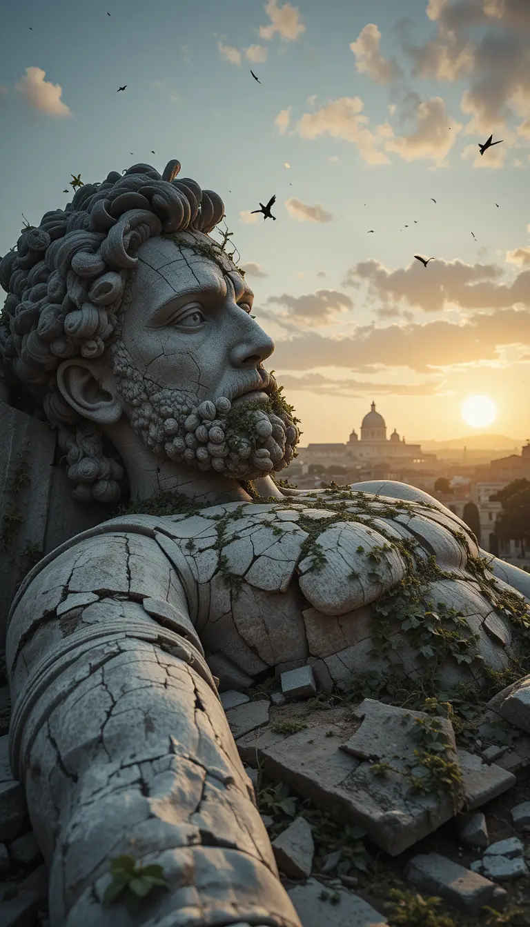 Broken Roman colossus statue at sunset over ancient city