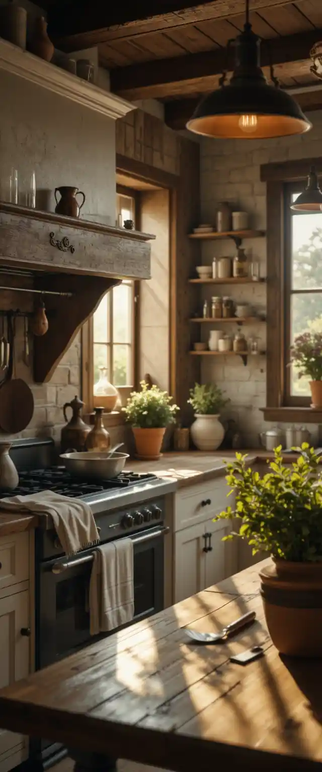 Cucina rustica di campagna francese nella soffice luce del mattino