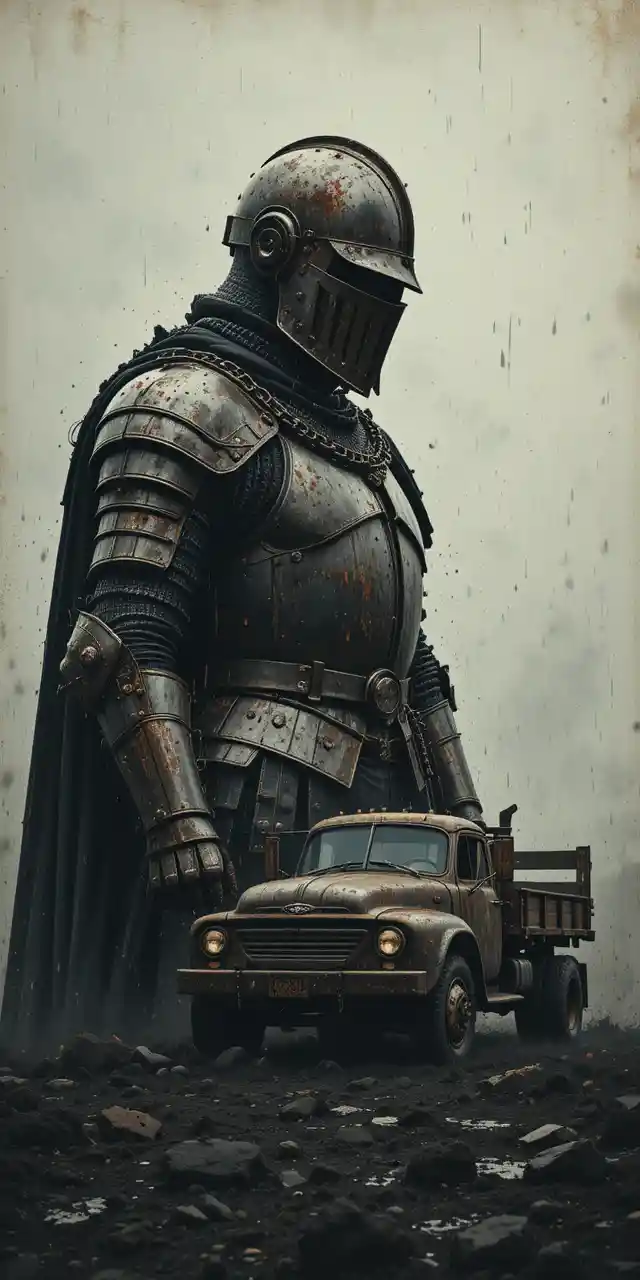 Armored medieval knight in double exposure with old truck