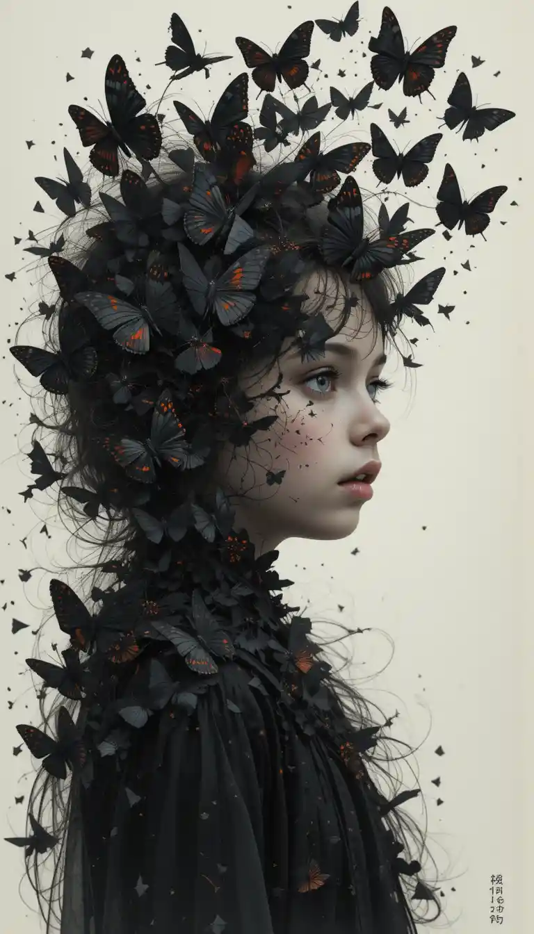 Child eyes transforming into a swarm of dark butterflies