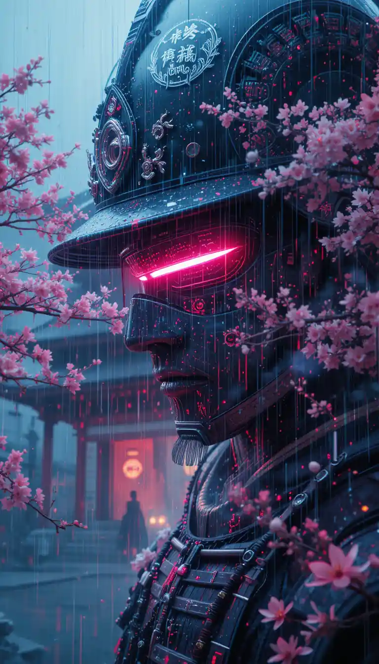 Volto di samurai mascherato al neon fuso con tempio shintoista