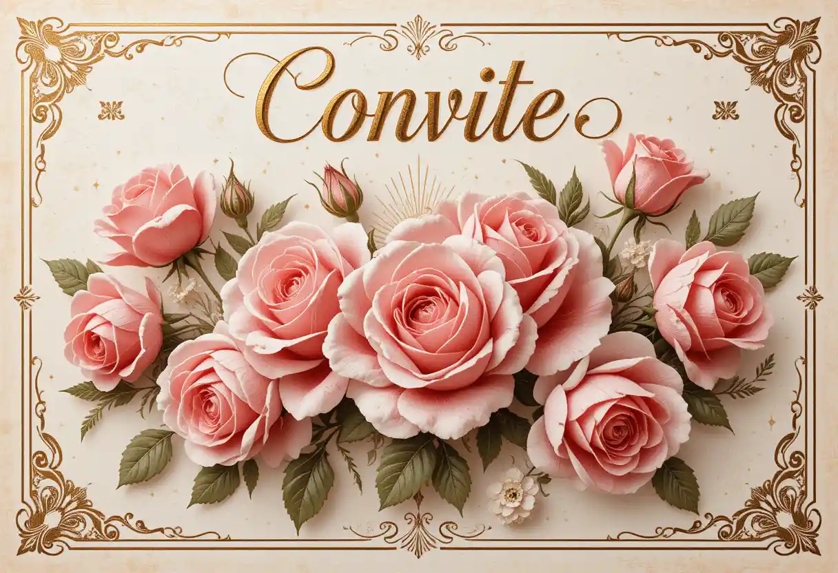 Vintage birthday card with baroque gold and roses illustration