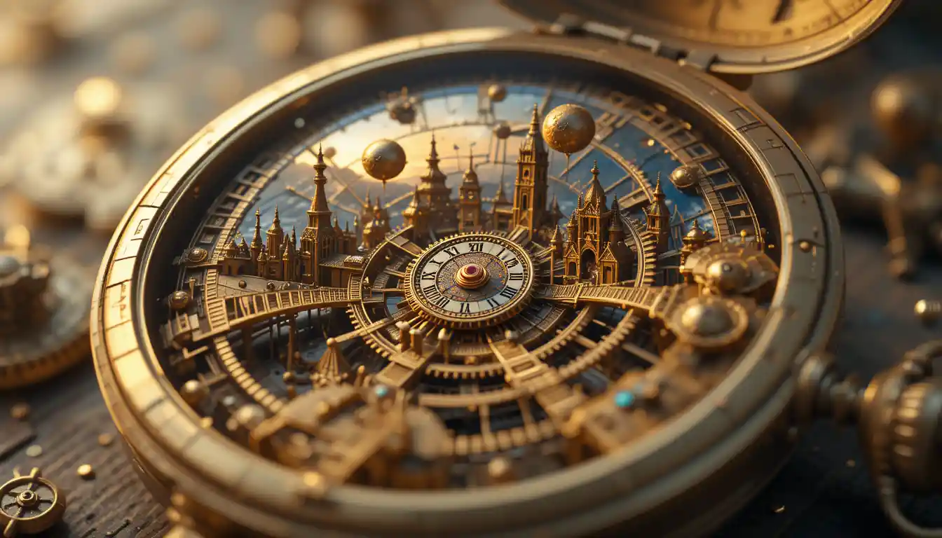 Antike Taschenuhr, die eine verborgene Steampunk-Stadt enthüllt