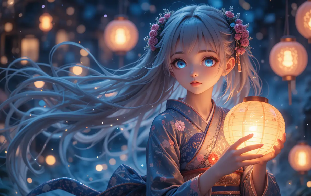 魔幻星空下提著發光燈籠的動漫少女