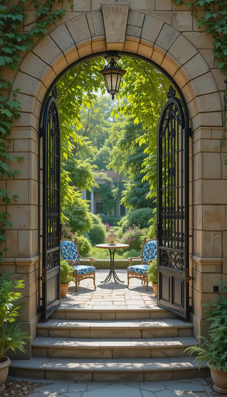 Sonnendurchfluteter Steinbogen, der zu einem eleganten Gartenhof führt