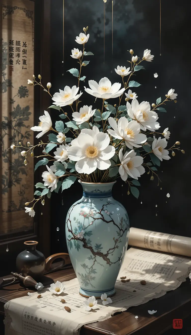 清朝瓷器花束與書卷靜物畫