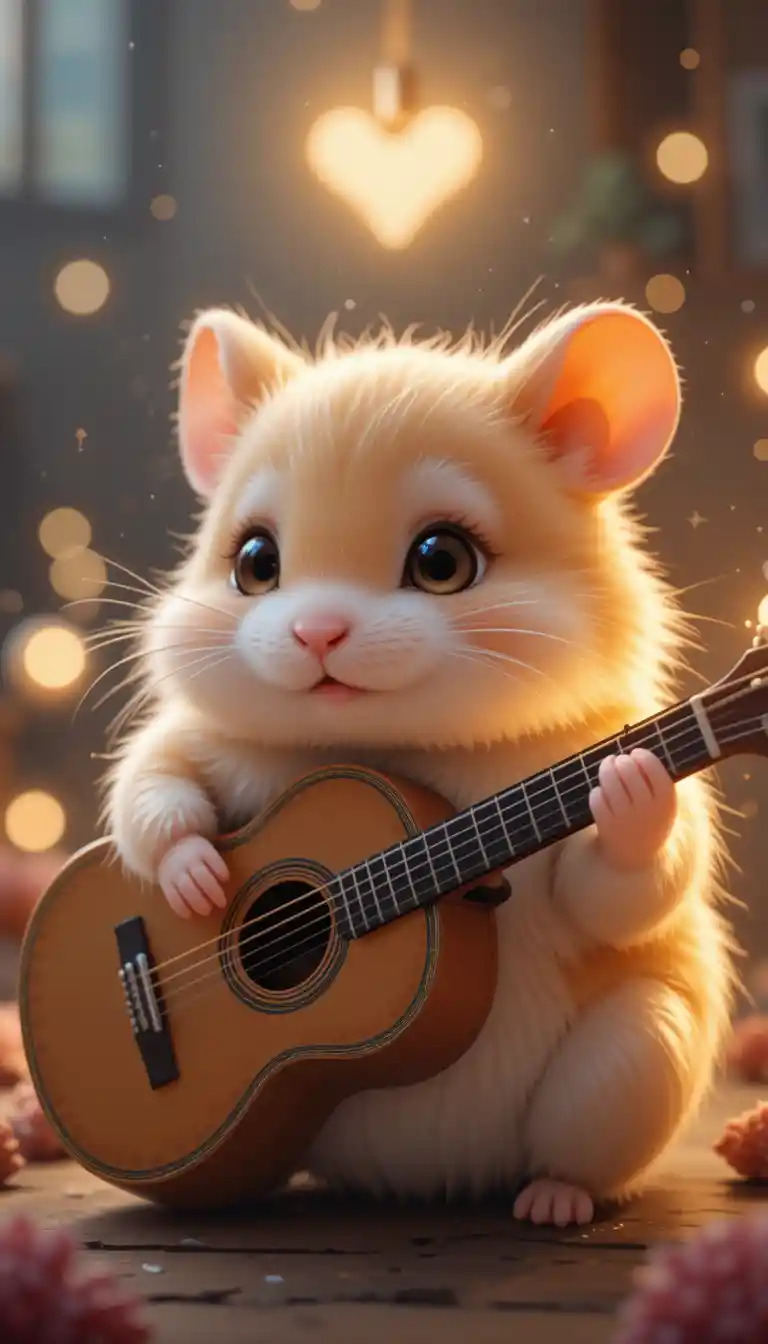 Dolce criceto anime che suona la chitarra in una luce brillante