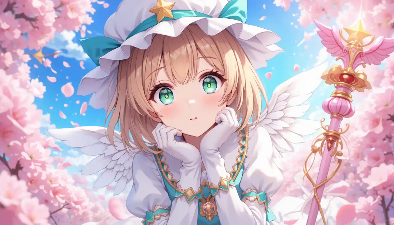 Magical anime girl with cherry blossoms in the sky