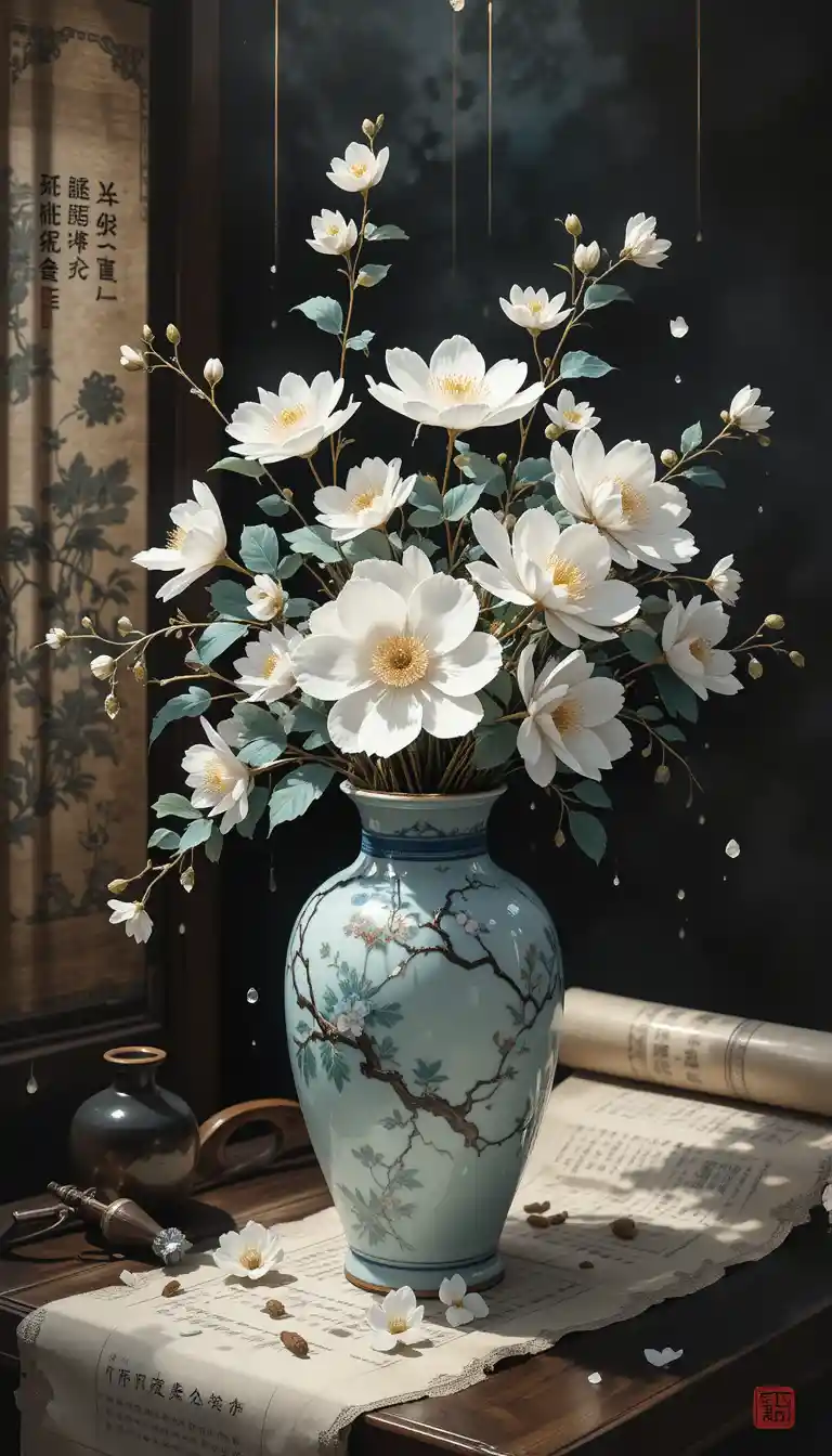Qing dynasty still life with porcelain bouquet and scroll