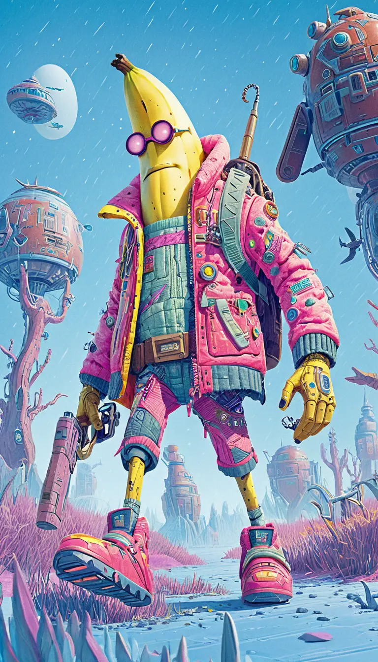 Anthropomorphe Banane mit pinker Jacke in einer Sci-Fi-Welt