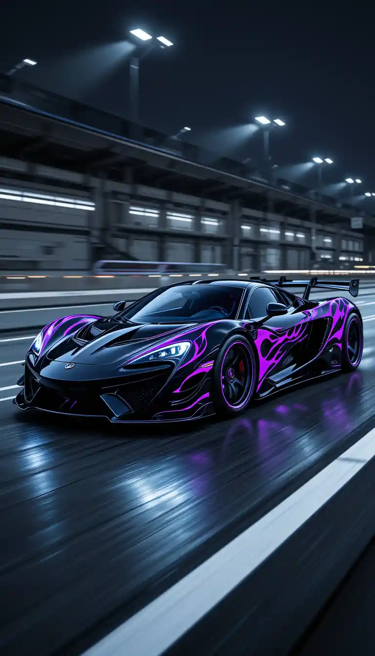 Futuristischer schwarzer Supersportwagen mit violetten Flammen auf der Straße