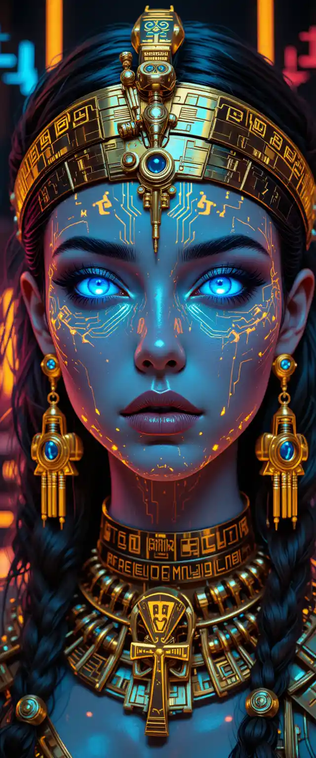 Cybernetic Egyptian queen portrait with neon hieroglyphic circuits