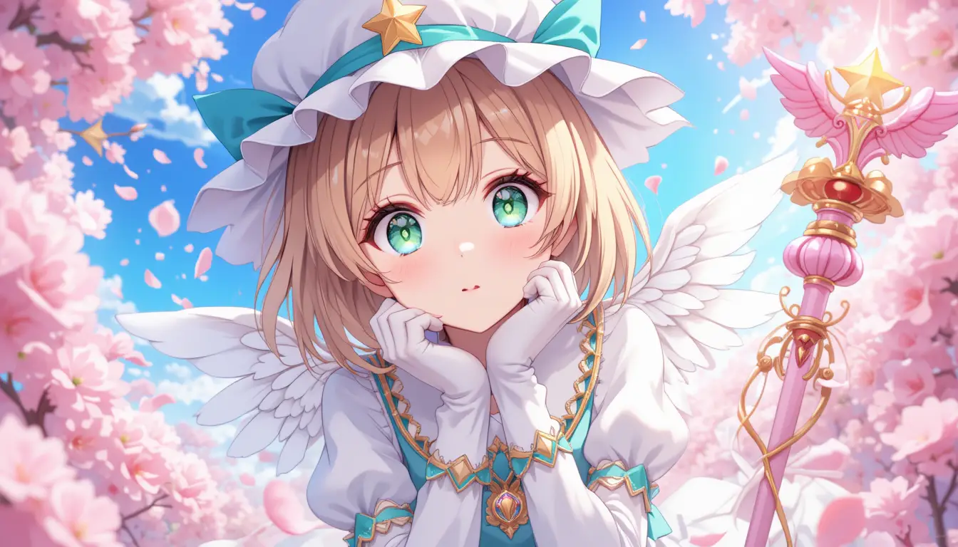 Magisches Anime-Mädchen mit Kirschblüten am Himmel