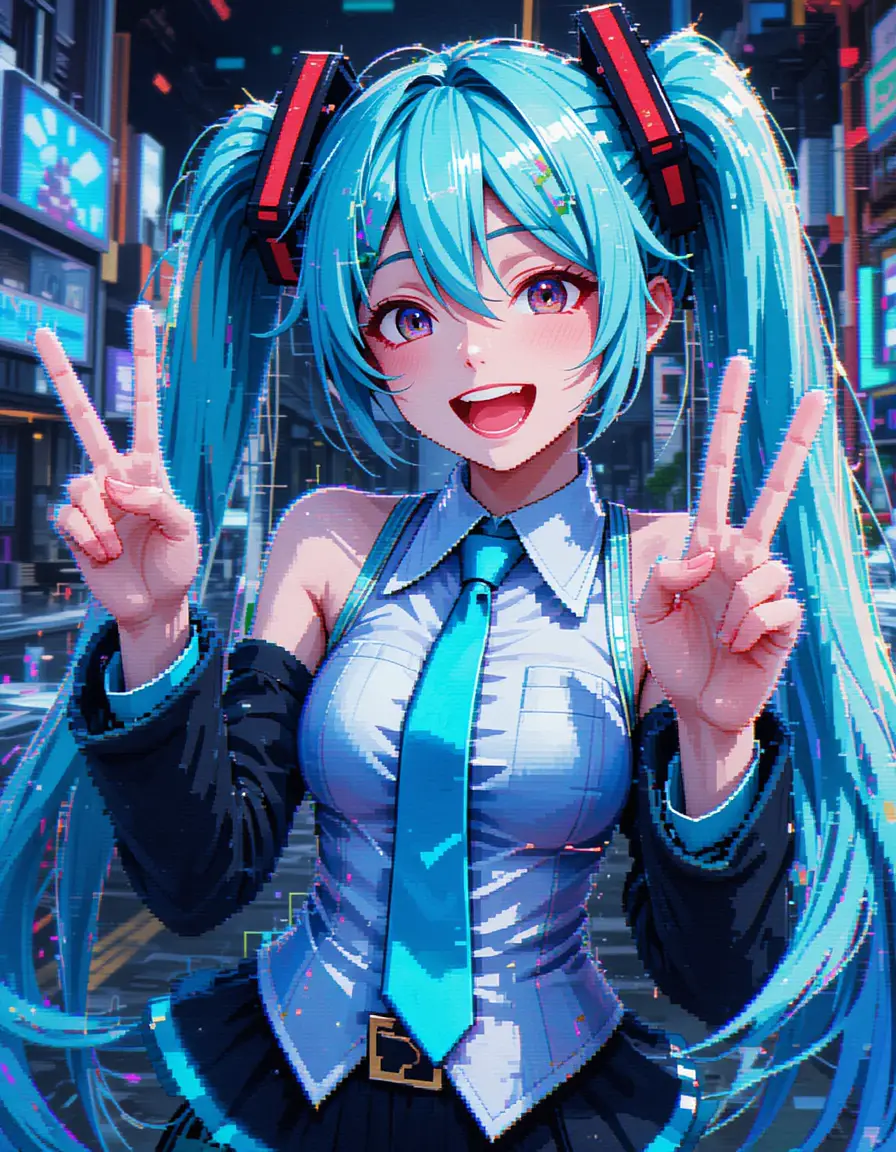 Glitch-Art-Anime-Mädchen in dynamischer Pixel-Collage-Pose