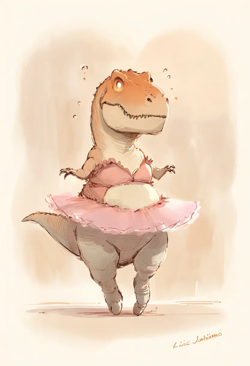 T rex tentant maladroitement de faire du ballet dans un tutu rose