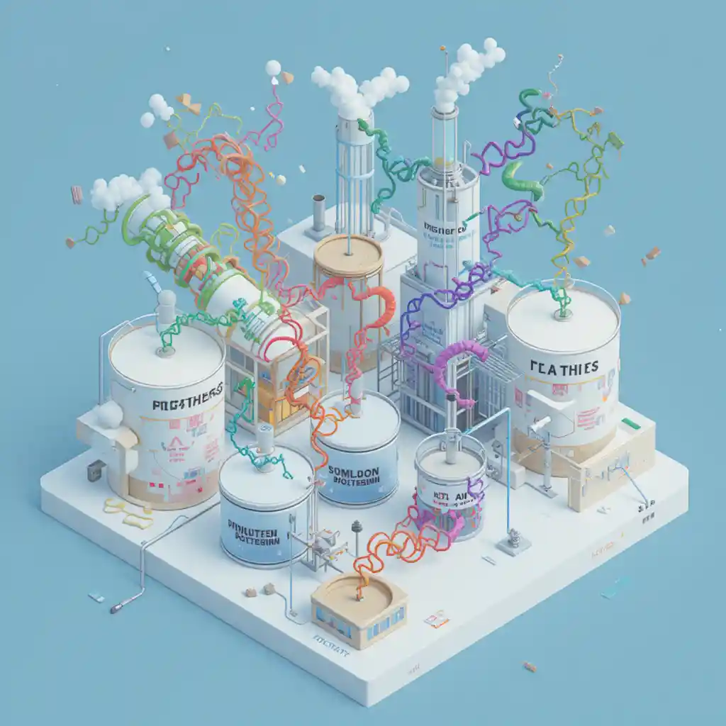 Isometric factory with protein tanks and animated enzyme cutters