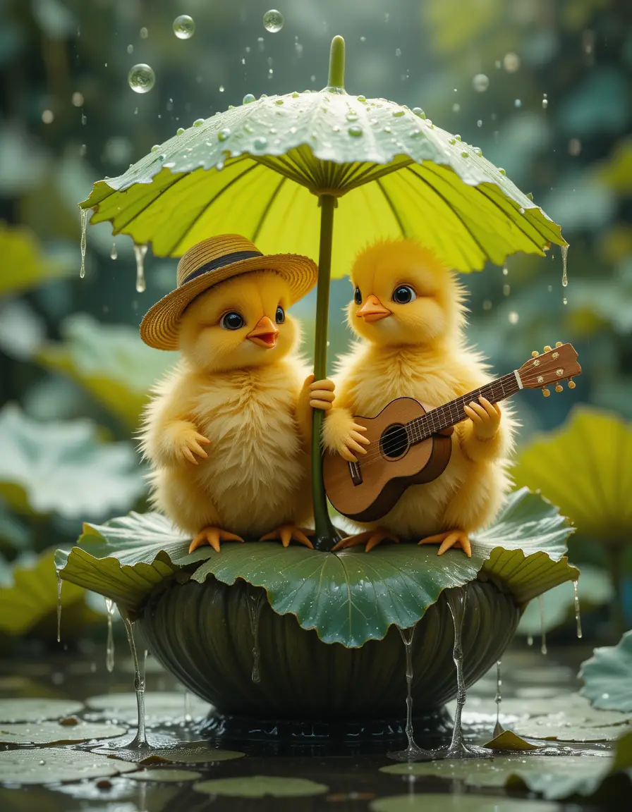 Süße Küken mit Lotusblatt-Regenschirm an einem Dschungelteich
