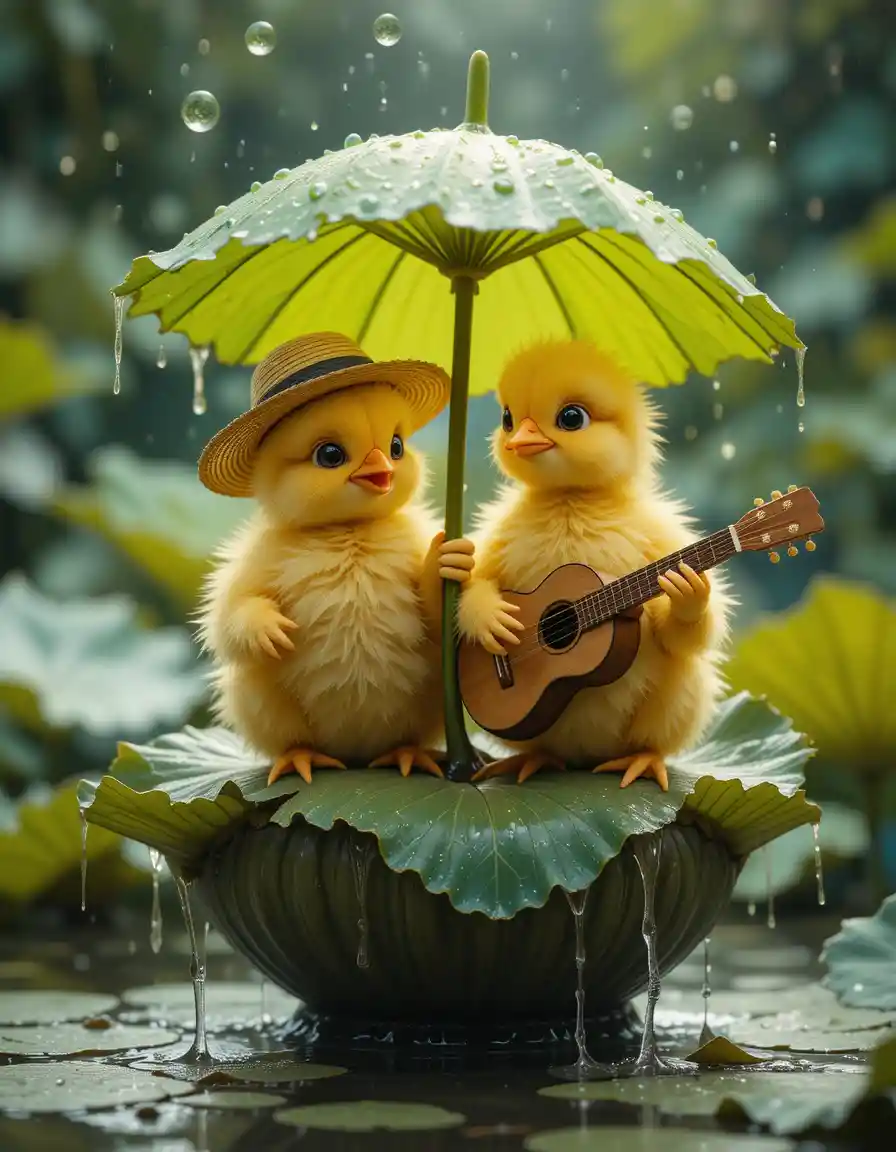 Süße Küken mit Lotusblatt-Regenschirm an einem Dschungelteich