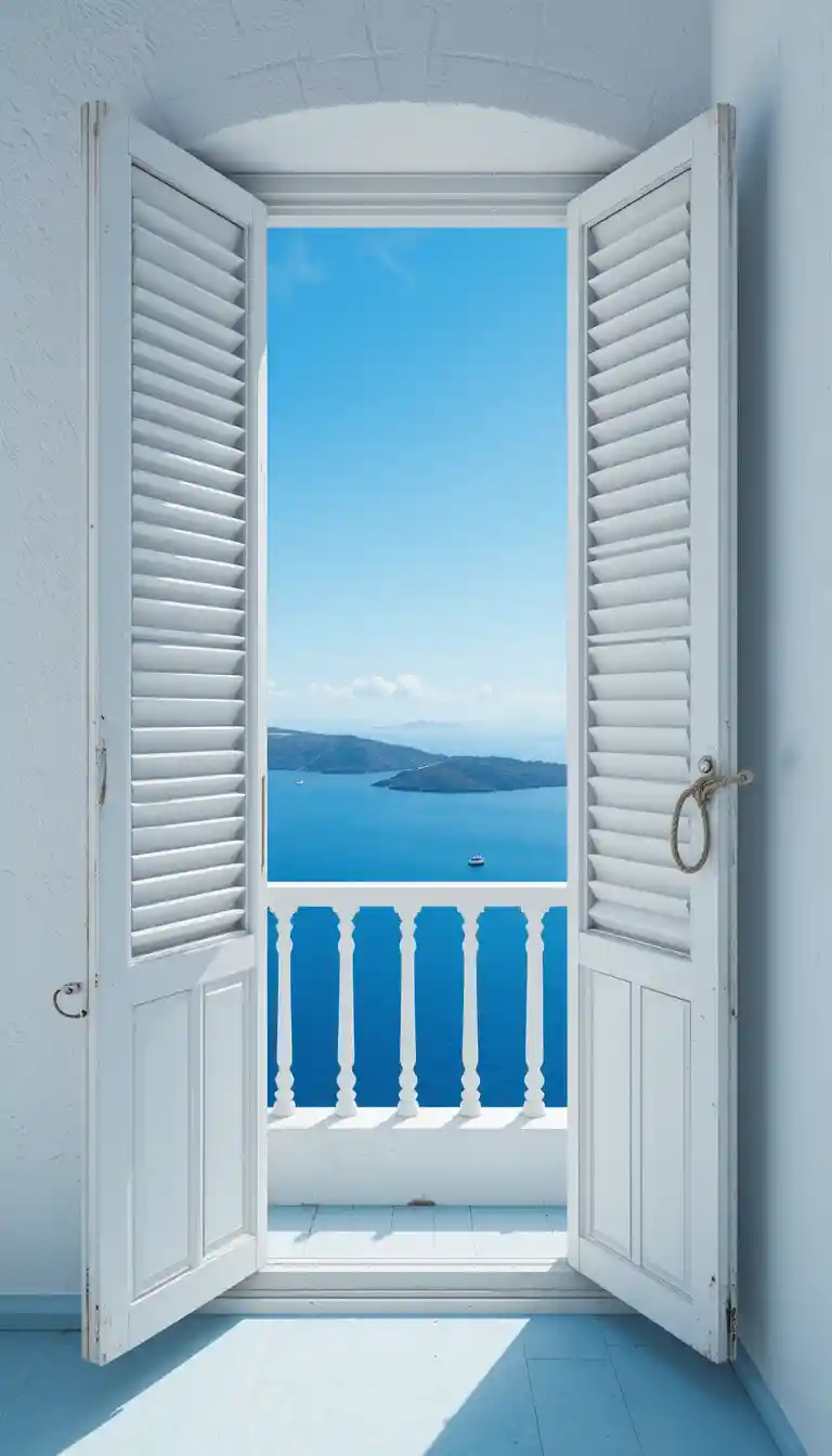 Volets blancs de balcon ouverts sur un paysage marin lumineux de la mer Égée