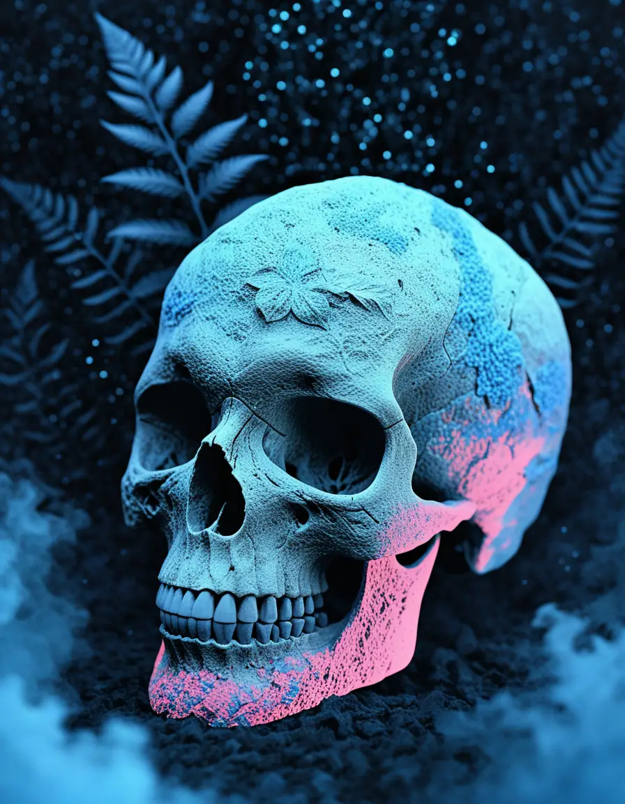 White skull with flowers in mystical digital artwork