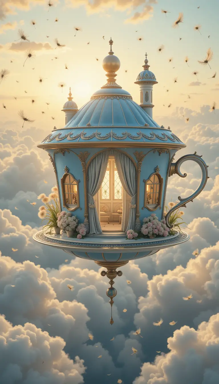 Maison en tasse de thé pastel flottant au-dessus de nuages lumineux