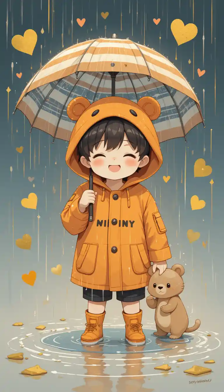Garoto de anime com capa de chuva de urso brincando em poças de chuva