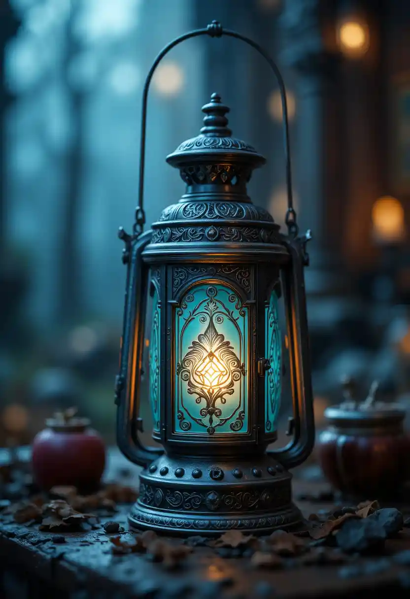 Ancienne lanterne gravée diffusant une lumière chaude et lumineuse