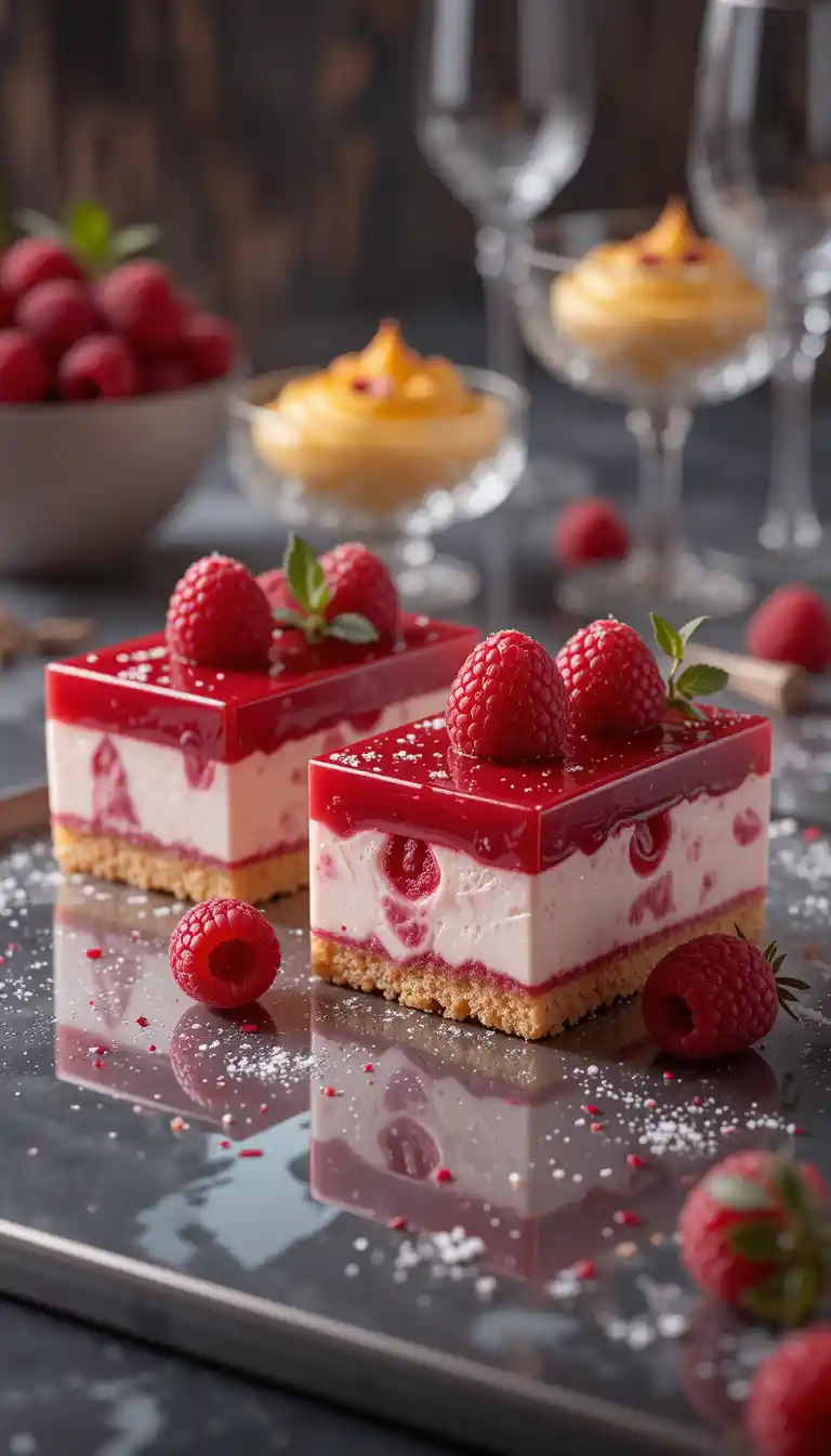 Postres en Capas de Frambuesa sobre Superficie Moderna Reflectante