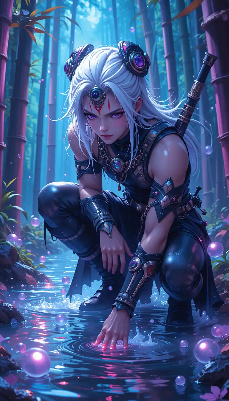 Anime warrior crouching in mystical bamboo forest