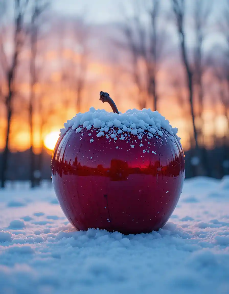 雪中紅蘋果映照冬日夕陽景色