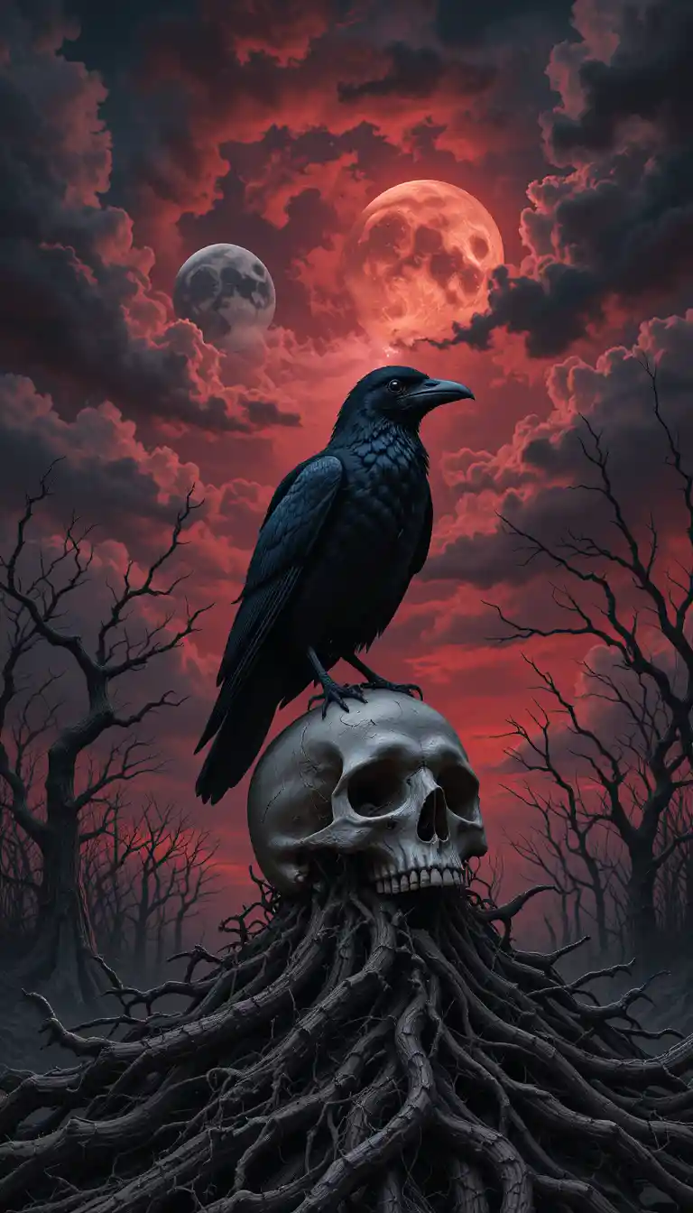 Corbeau sur un crâne sous un ciel rouge orageux
