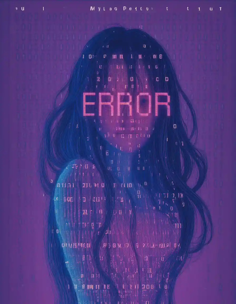 Glitch inspired blue woman amid binary code matrix