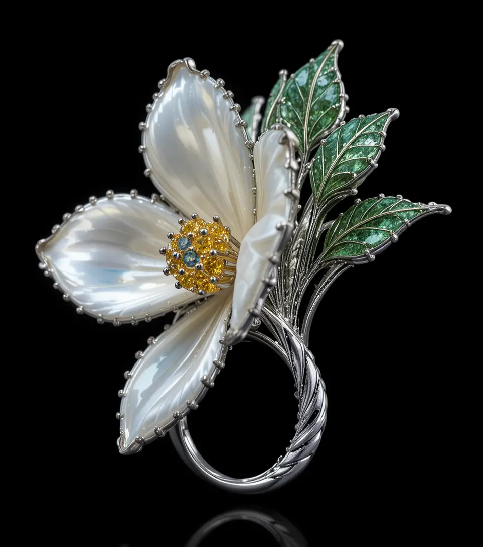 Platinum and white gold edelweiss mother of pearl earring