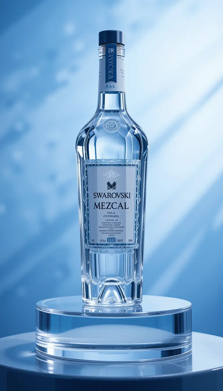 Elegante Mezcal-Flasche auf gläsernem Podest vor blauem Hintergrund