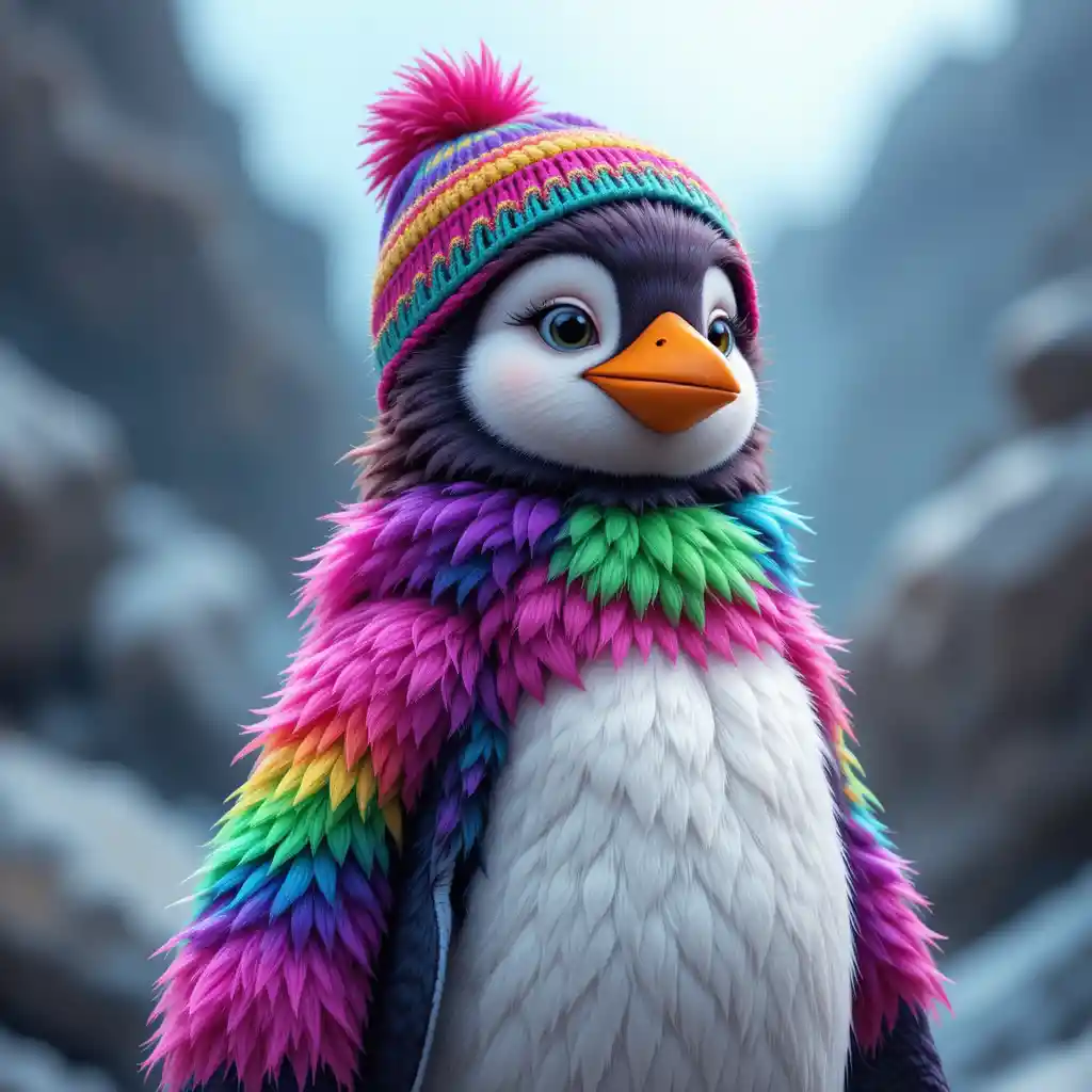 Farbenfroher digitaler Pinguin mit leuchtenden Regenbogenfedern