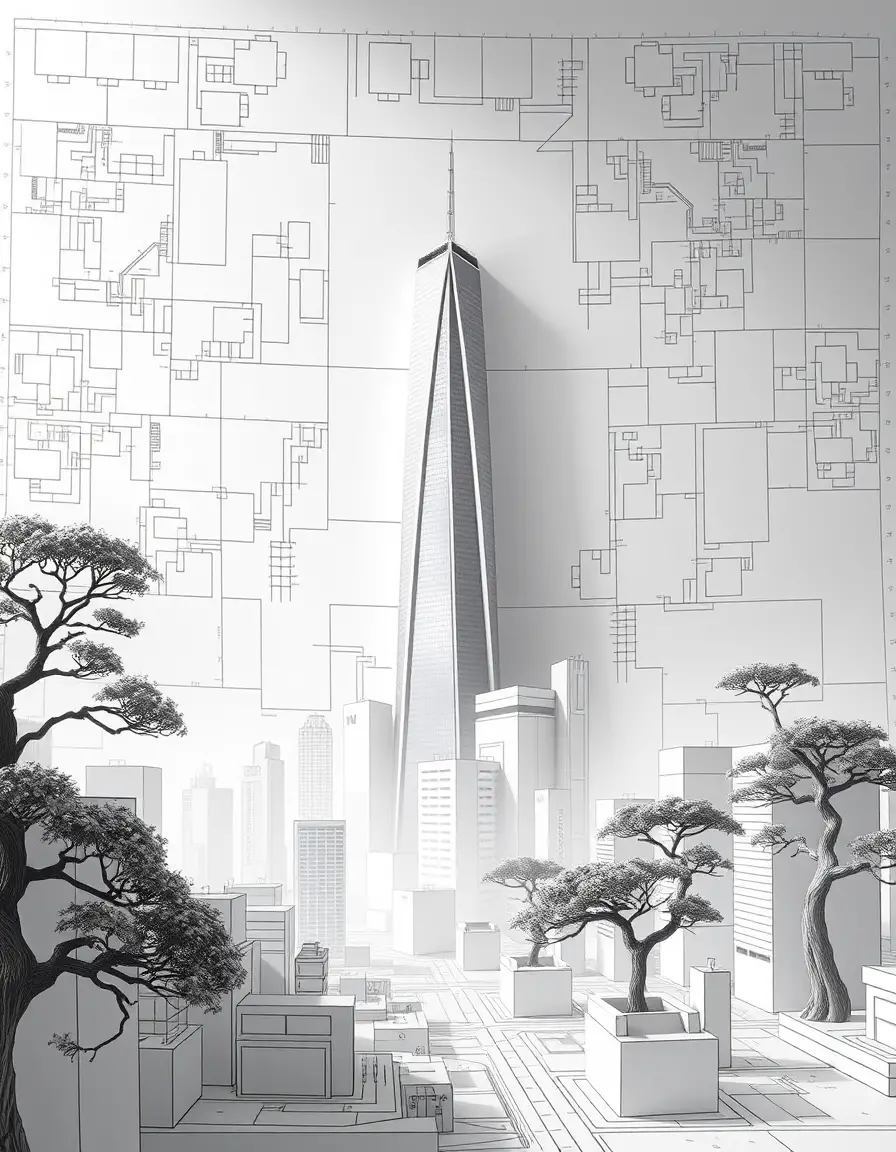 從漂浮建築藍圖中浮現的超現實灰階城市景觀