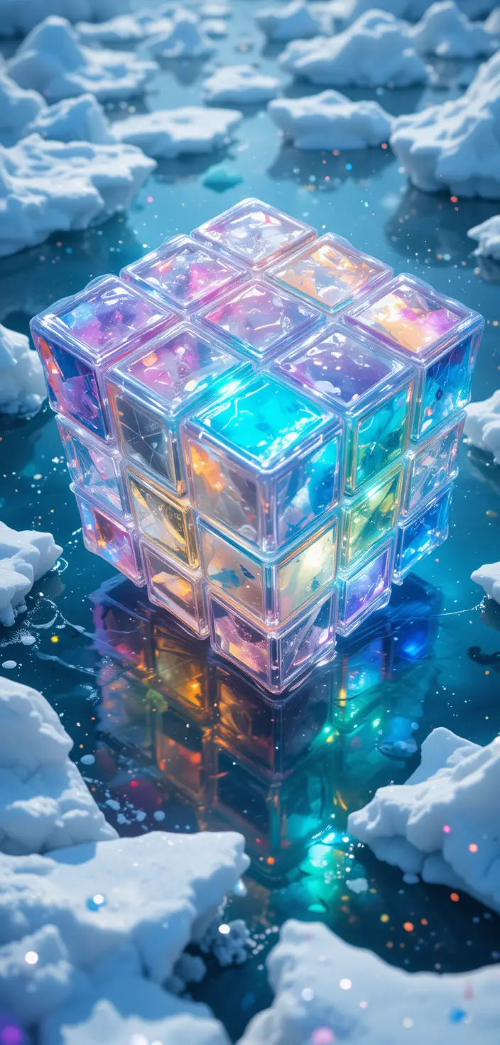 Giant Ice Rubik Cube Maze Floating Above Reflective Lake