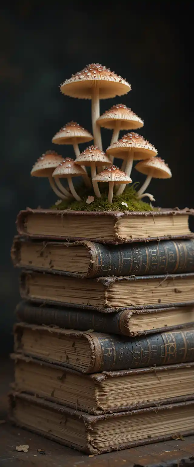 Libri consumati con funghi colorati su sfondo scuro